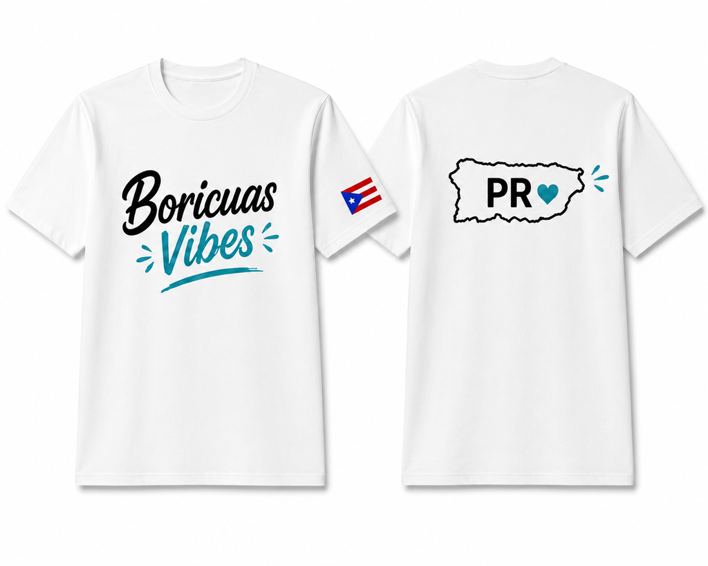 Combo Boricuas Vibes – T-Shirt Blanca + Gorra Negra + Sticker GRATIS