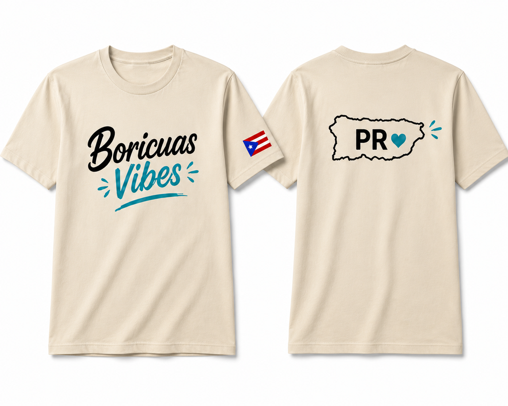 Combo Boricuas Vibes – T-Shirt Crema + Gorra Crema + Sticker GRATIS