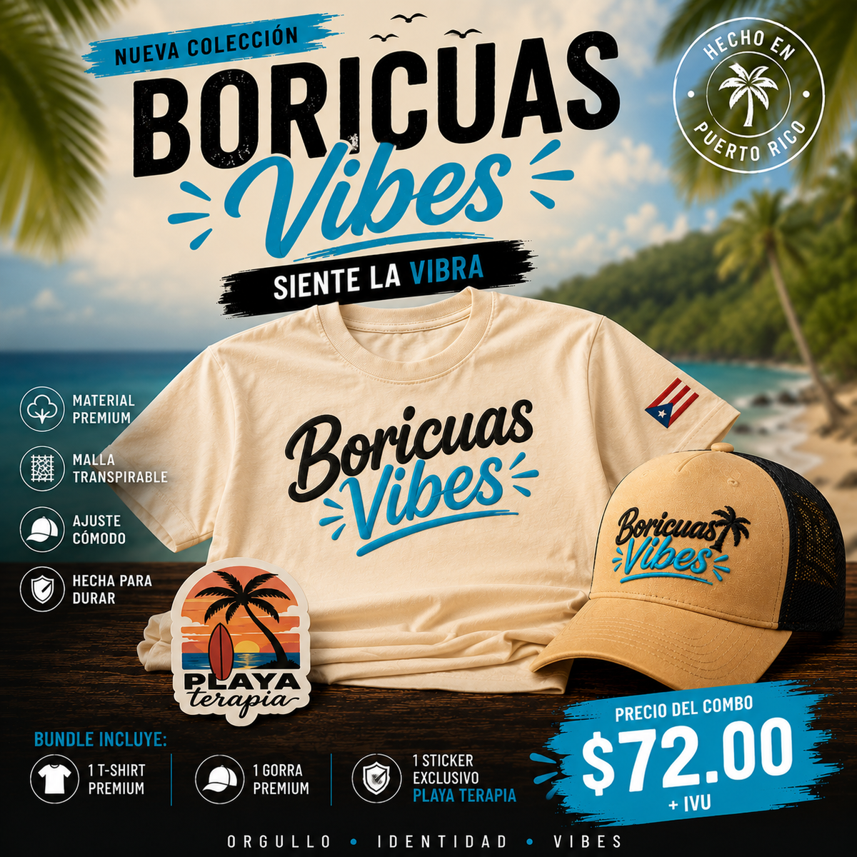 Combo Boricuas Vibes – T-Shirt Crema + Gorra Crema + Sticker GRATIS