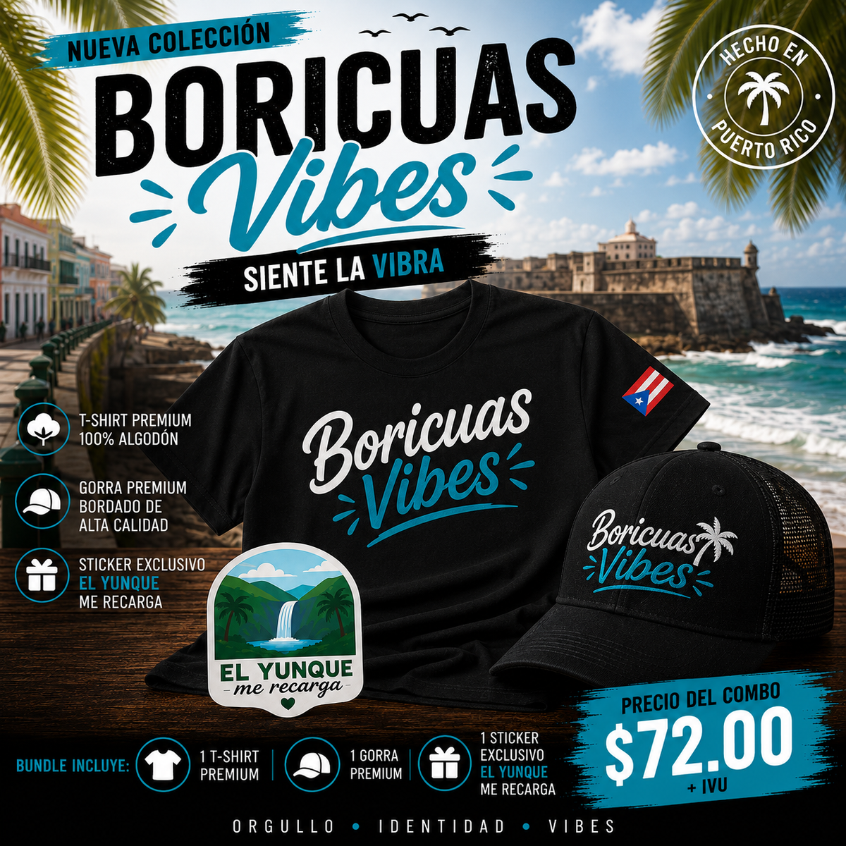 Bundle Boricuas Vibes – T-Shirt Negra  + Gorra Negra + Sticker Exclusivo el Yunque Me Recarga