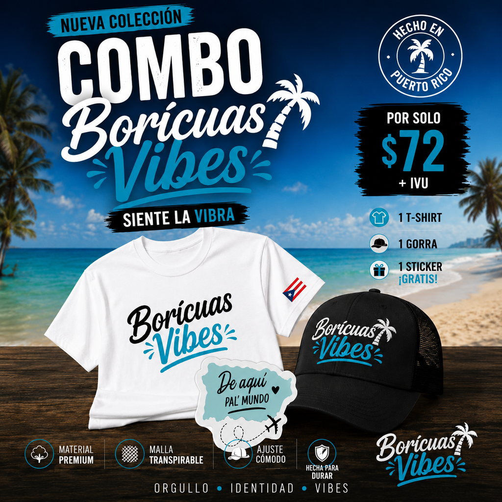 Combo Boricuas Vibes – T-Shirt Blanca + Gorra Negra + Sticker GRATIS